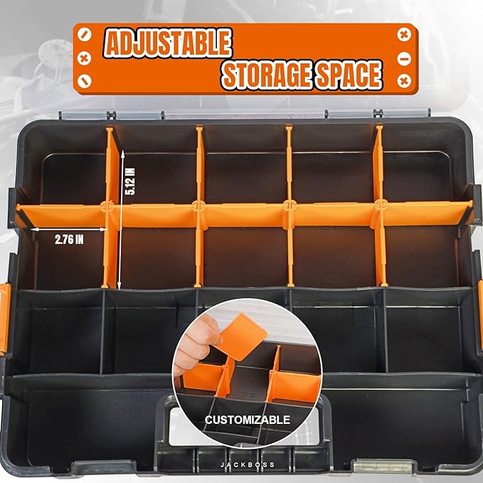 Jack Boss Tool Box with Transparent Lid, Single Side 17-Compartments Organizer Box with Removable Dividers for Hardware, Scre