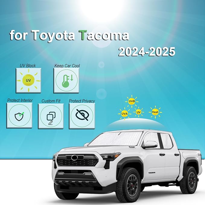 KMF 6pcs Thicken Car Sun Shades for Toyota Tacoma 2025 2024 2026 Accessories, Custom Fit Full Car Window Covers Sunshade for Windshield Side Rear, UV Block and Blackout Privacy for Camping Outdoor