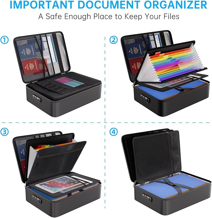 ENGPOW Fireproof File Organizer Bag with 13 Colorful Pockets Accordion File Folder,5200℉ Document Organizer Box with Lock&Lab