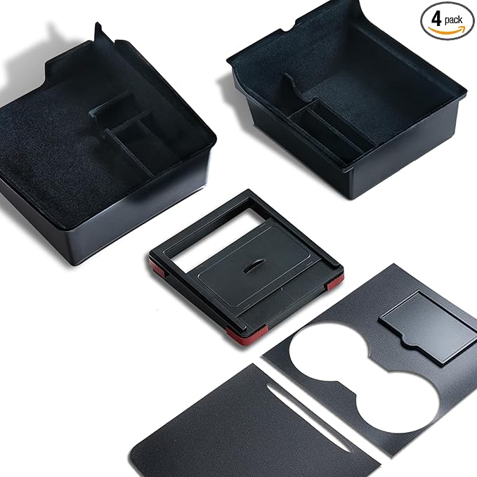 Nestour Upgraded 4PCS Flocked Center Console Organizer Tray Accessories Fit For 2021 2022 2023 Tesla Model 3 Model Y, Armrest Hidden Storage Box, Center Console Wrap Cover Kit.