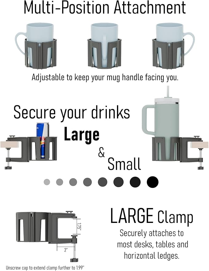 Original Large Desk Cup Holder Clamp – Cup-Holster, The Anti-Spill Cup Holder Mount for Your Table, Office & Gaming Setup – M