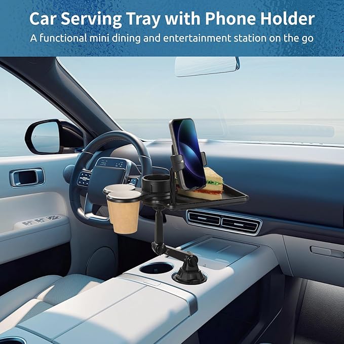 Cup Holder Tray for Car, Car Food Tray with Phone Stand, Car Table Tray, Detachable 360° Rotation, Ideal for Daily use and Road Trip Dining