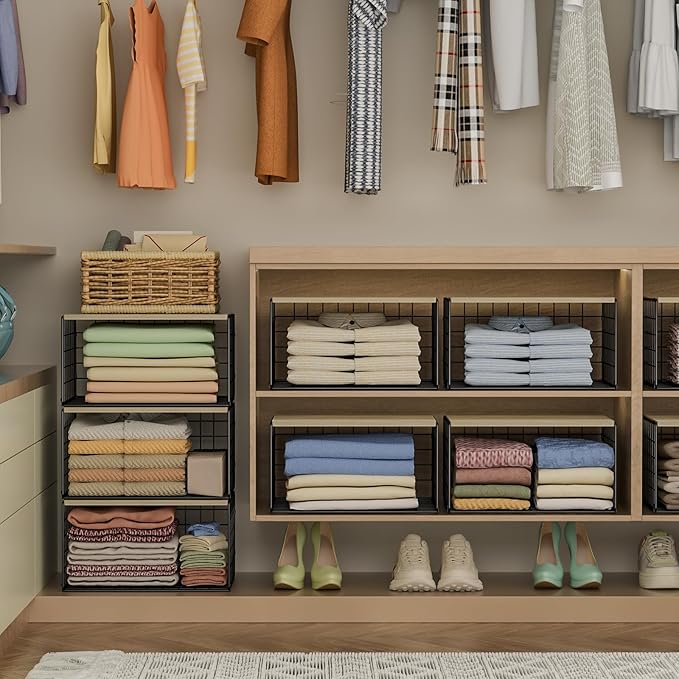 Extra-Long, Low-Profile Closet Organizers and Storage with Wood Top, 3 Pack Stackable Closet Shelf Organizer, Space-Saving Cl