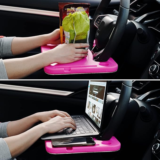 eing Bling Auto Steering Wheel Desk, Laptop,Tablet, Notebook Car Travel Table, Food Eating Hook On Steering Wheel Tray, for Constant Travelers, Fits Most Vehicles Steering Wheels, White+Rose Red