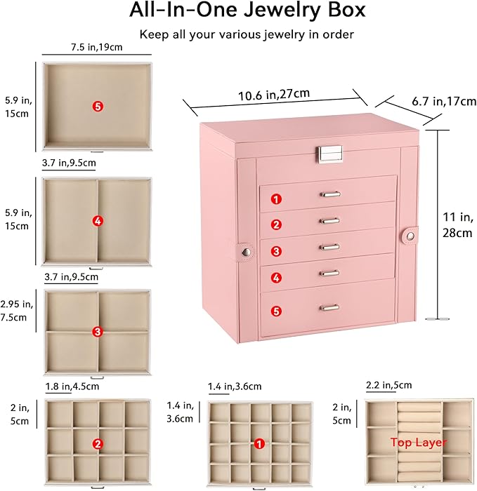 Frebeauty Large Jewelry Box,6-Tier PU Leather Jewelry Organizer,Multi-functional Storage Case with Mirror,Accessories Holder 