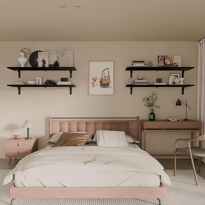 12 Inch Deep Floating Shelves Set of 4, 48 Inch Wide Black Solid Wood Wall Shelves, 4ft Heavy Duty Farmhouse Wall Mounted She
