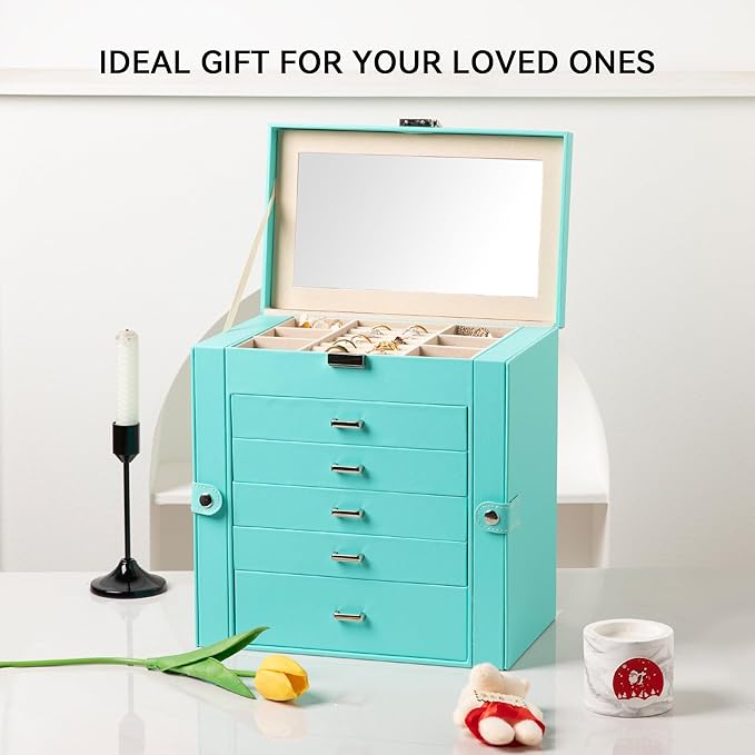 Frebeauty Large Jewelry Box,6-Tier PU Leather Jewelry Organizer,Multi-functional Storage Case with Mirror,Accessories Holder 