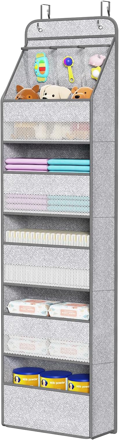 Univivi 6-Shelf Over Door Hanging Organizer Fabric Baby Door Storage with 5 Large Pockets and 3 Small PVC Pockets Wall Mount 