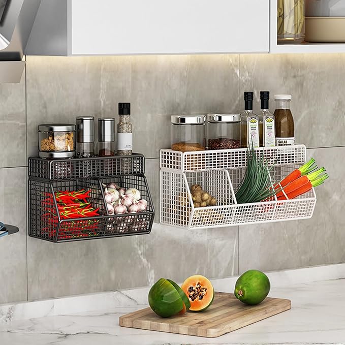 Multifunctional Metal Wire Hanging Basket Wall Organizers Accessory For Kitchen And Living Room With 3 Storage Grids