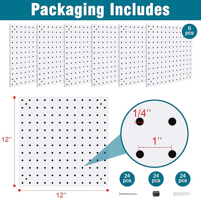 6 Pack Steel Peg Board,Universal 1/8 and 1/4 Pegboard Accessories,Ideal for Garage Tool Storage, Office Organization, Craft R