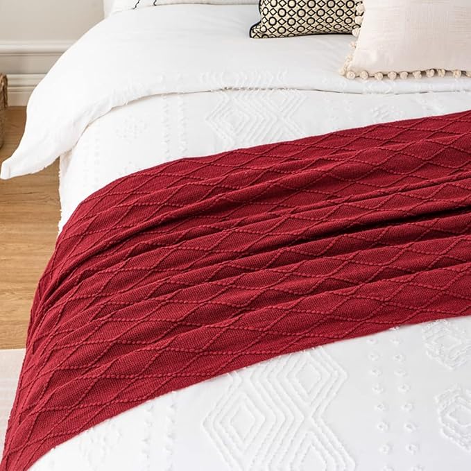 BATTILO HOME Red Throw Blanket Large Fringe Fall Throw Knitted Bed Throws for Couch Sofa Indoor Outdoor, Red, 52 x 80 in.