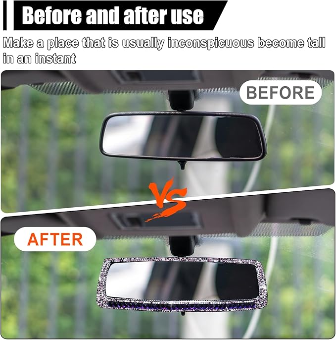 ZIMISI Bling Car Rear View Mirror, 10.51 Inch HD Glass Wide Angle Rearview Mirrors, Clip-on Crystal Diamond Panoramic Rear View Mirror Accessories, Bling Car Decorations for Women (Purple)