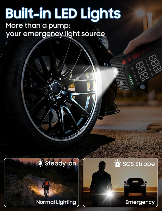 Smart Tire Inflator Portable Air Compressor, APP Control Air Pump For Car Tires, 10000mAh, 4X Faster 150PSI Bike Pump with All-in-One Storage, LED Light & Auto Shut-Off for Motorcycles
