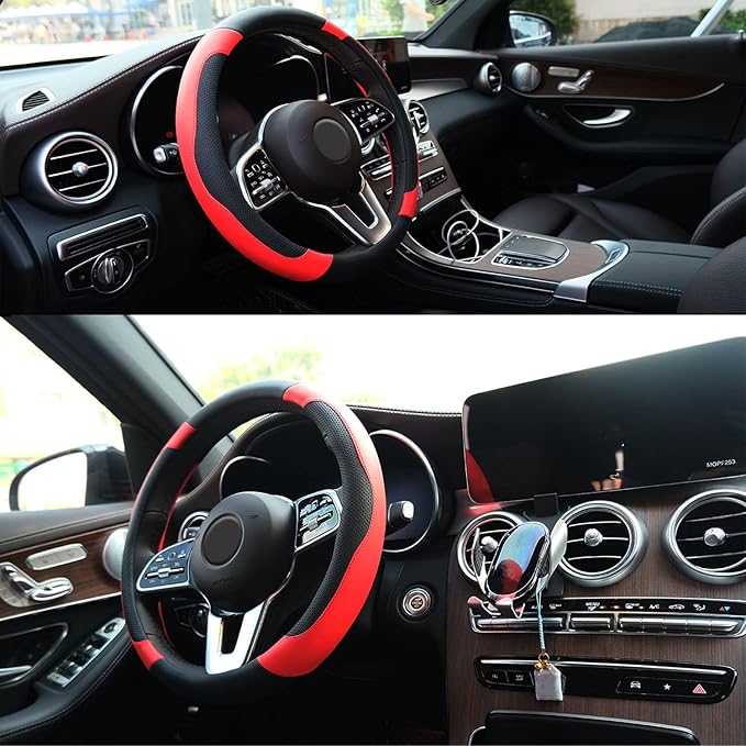 Xizopucy Black and Red Steering Wheel Cover Microfiber Leather Sporty Car Accessories for Men and Women,Breathable Non-Slip U