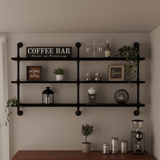 Industrial Pipe Shelving Rustic Black Pipe Wall Shelves Industrial Shelves with Wood Planks Floating Shelves 60 Inch Farmhous