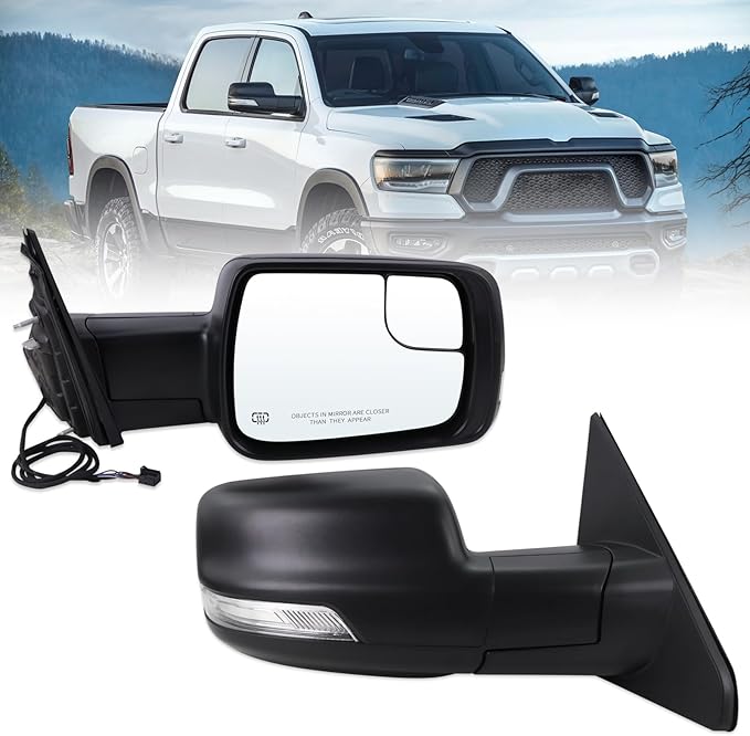 Right Passenger Side Mirror Compatible With 2019-2026 Ram 1500 With Manual Folding Power Glass Heated Turn Signal Puddle Light Matte Black Replace#5ZK42KARAH (8Pins)