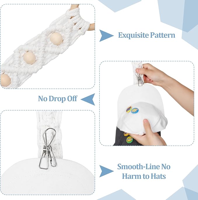 Windyun 2 Pcs Boho Hat Rack for Baseball Caps, Holds up to 20 Hats, Macrame Hat Hangers Wall Mounted, Hanging Cap Holder over