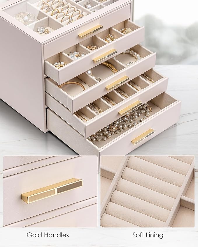 Vlando 5 Layer Jewelry Box for Women, Glass Lid Jewelry Organizer with 5 Drawers for Necklaces Rings Earrings Bracelets - Lig