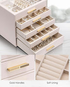 Vlando 5 Layer Jewelry Box for Women, Glass Lid Jewelry Organizer with 5 Drawers for Necklaces Rings Earrings Bracelets - Lig