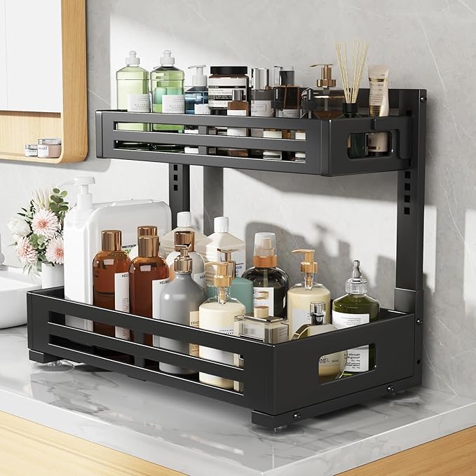 2 Pack 19IN-Depth Under Sink Organizer,Pull Out Cabinet Organizer With Smooth Cylindrical Rail,Metal Slide Out Drawer for Kit