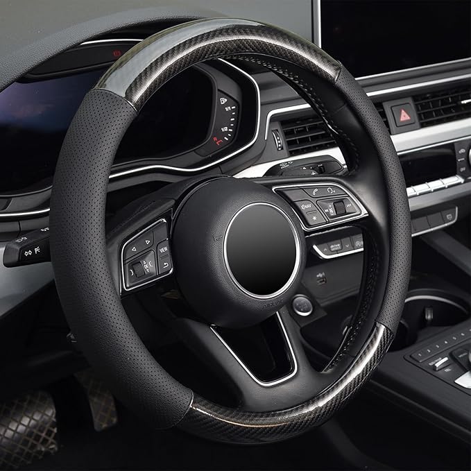 KAFEEK 16 inch Classic Carbon Fiber Steering Wheel Cover Compatible with F150 F250 F350 Ram 4Runner Tacoma Tundra Range Rover