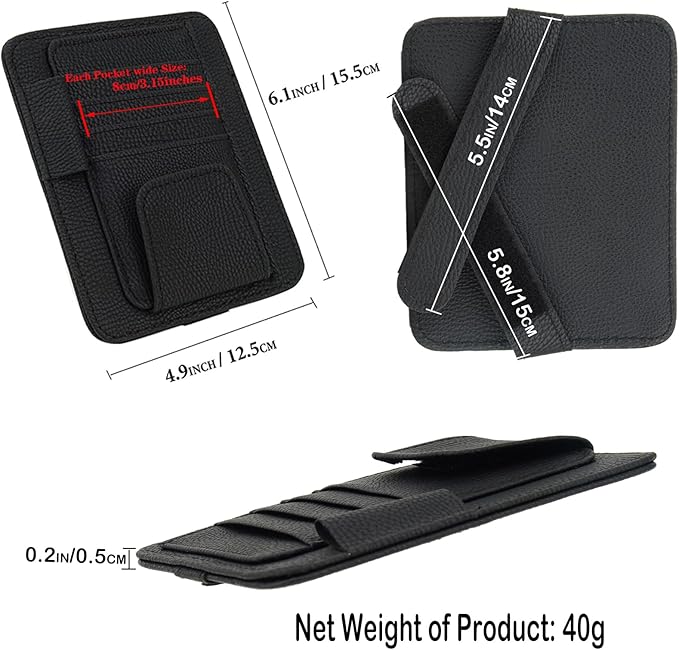 Small Leather Sun Visor Organizer for Car and Truck - Sunglass Holder, Card Sleeve Pocket, Document Holder for Registration, Driving License, Insurance, Pen, Chapstick