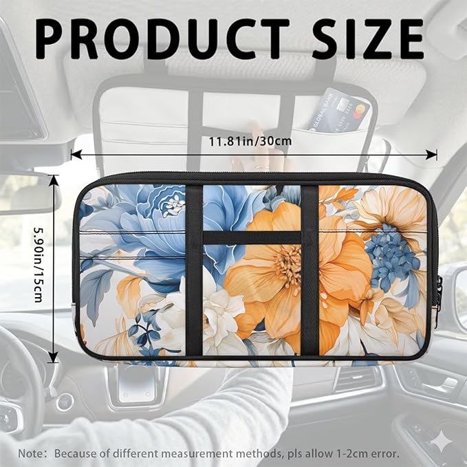 Floral Zippered Car Accessories Sun Visor Organizer with Adjustable Straps and Multi-Pocket Car Sun Visor Storage Bag with Picture Holder Easy Installation Universal Fit for Most Cars SUV