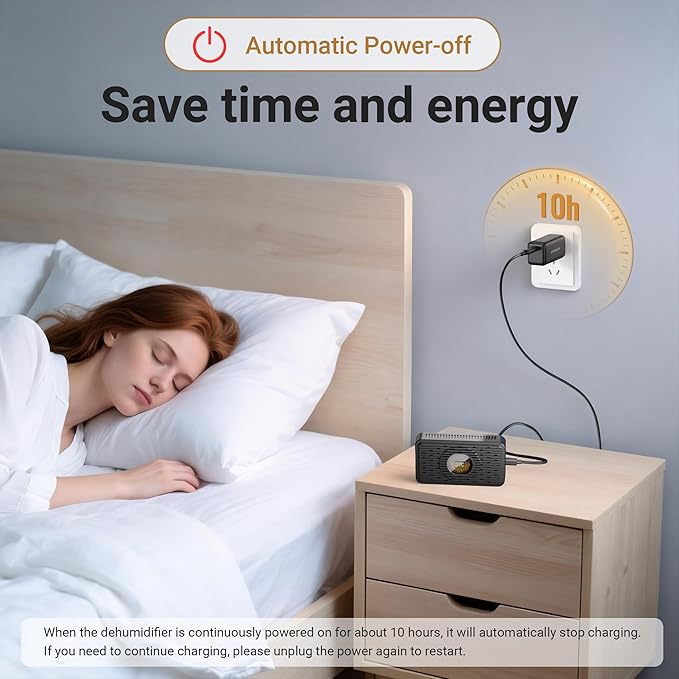 Auto Power-off Rechargeable Desiccant Dehumidifier with USB-C Cable, Reusable Portable Moisture Humidity Absorber Dryer