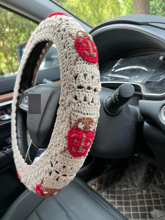 Crochet Ladybug Steering Wheel Cover Universal 14-15 inch (Steering Wheel Cover)