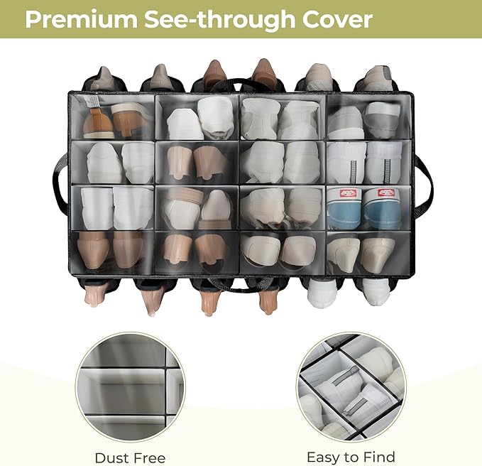 Shoe Organizer for Closet, Shoe Storage Solution with Clear Cover & Adjustable Dividers, Fabric Shoe Box Fits 16 +12 Pairs Sh