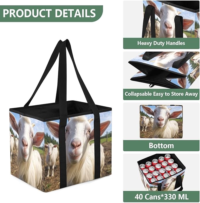Cute White Goat Reusable Grocery Bags Large Shopping Tote Bag with Reinforced Bottom Board, Water Resistant Foldable Storage 