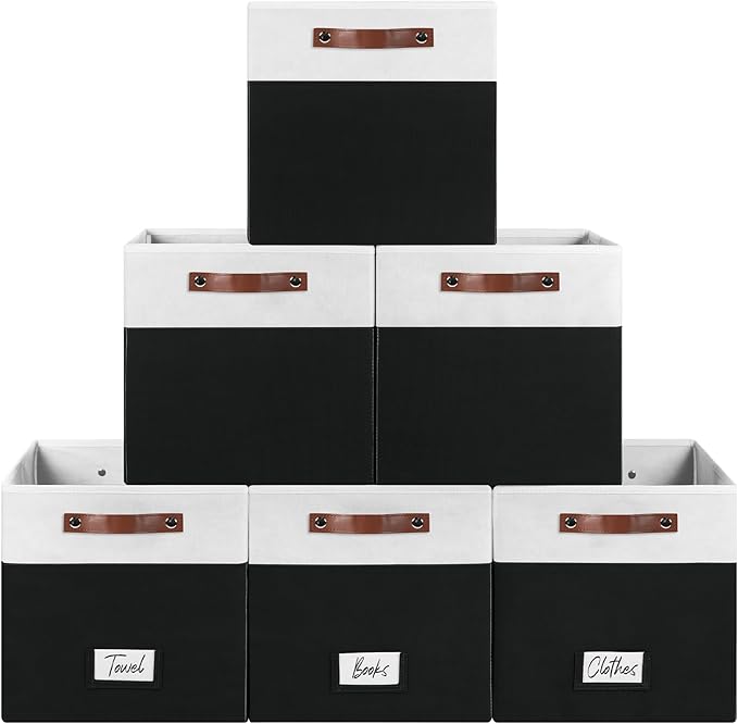 FinishingBo 6-Pack Storage Cubes with Handles & Label Holders Basket, Closet Cube Home Organizer Bins(White/Black, 13 x 13 x 