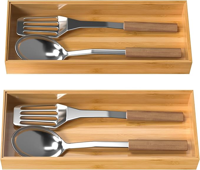VeyFey Bamboo Drawer Organizer, Stackable Utensil Organizer for Kitchen, Bamboo Storage Box Wood Silverware Tray for Drawer 1