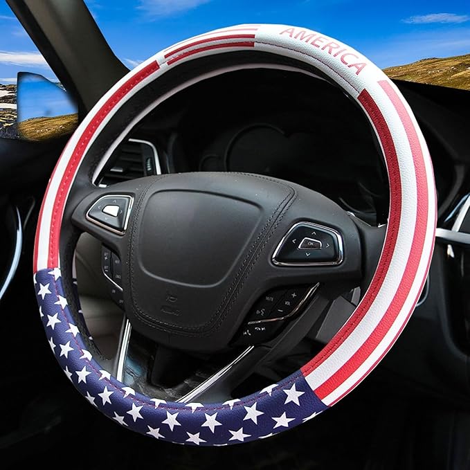 Dotesy Leather Auto Steering Wheel Cover, Fashion Flag Style Car Steering Wheel Cover Protector Universal for 36.5-38cm (Amer