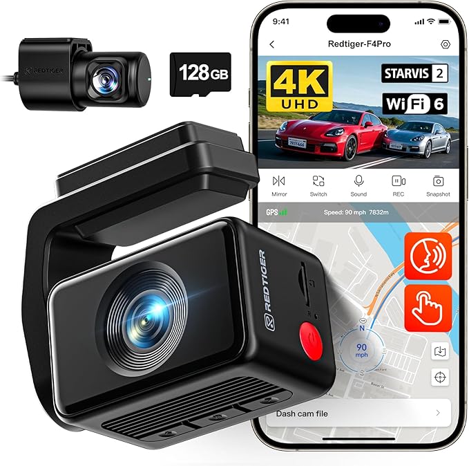 REDTIGER F4 Pro 4K Mini Dash Cam Front and Rear, STARVIS 2 Night Vision, 128GB Card Included, 5.8GHz WiFi 6 Instant Export, 2