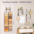 SWTYMIKI Over The Door Purse Organizer - Wall Mounted Handbag Organizer with 16 Hooks and Metal Basket, Hanging Purse Storage