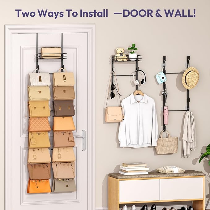 SWTYMIKI Over The Door Purse Organizer - Wall Mounted Handbag Organizer with 16 Hooks and Metal Basket, Hanging Purse Storage