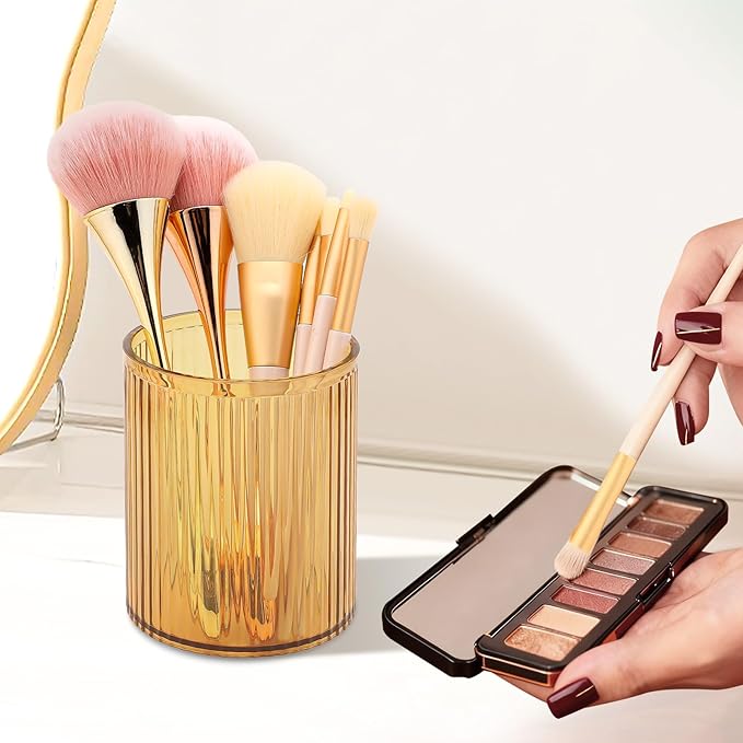 DASITON Makeup Brush Holder Organizer, Acrylic Makeup Brush Cup, Vintage Striped Make Up Brush Holder for Vanity, Bathroom Co