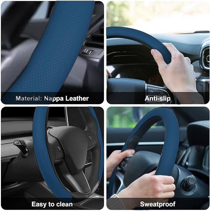 Frani Nappa Leather Steering Wheel Cover,Universal Fit 15 Inch-Premium Non-Slip Breathable Comfort Grip for Cars Trucks SUVs,Anti-Slip Durable Interior Upgrade Navy Blue