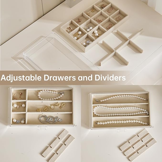 Acrylic Jewelry Box with 5 Drawers, Clear Earring Holder Organizer Rings Display Case with Adjustable Velvet Trays for Women 