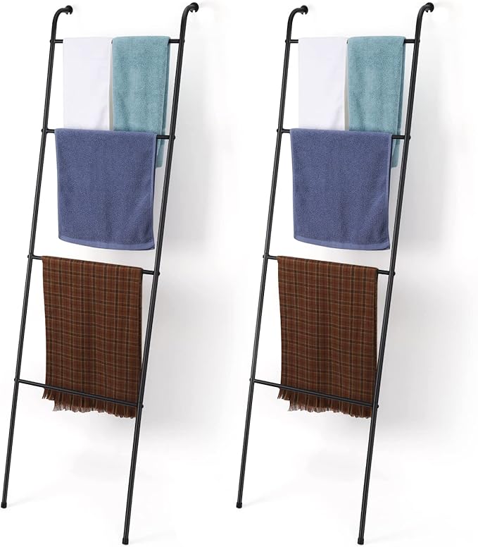 2 Pack Blanket Ladder Decorative Towel Rack Holder for Bathroom, Wall Leaning Metal Drying Quilt Stand for Living Room Bedroo