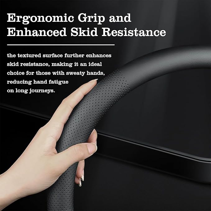 Car Leather Steering Wheel Cover - Panapi Material, Universal 14.5-15 Inch Leather Anti-Slip Breathable Auto Steering Wheel C