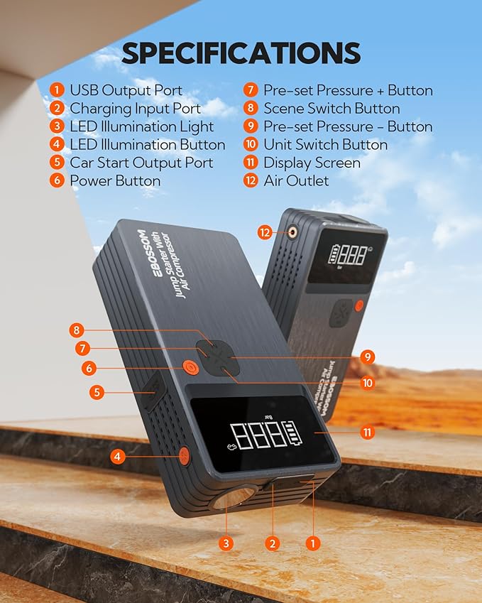 Car Battery Jump Starter with Air Compressor, Battery Jump Box with Tire Inflator,Car Jump Booster with Smart Jumper Cables,L