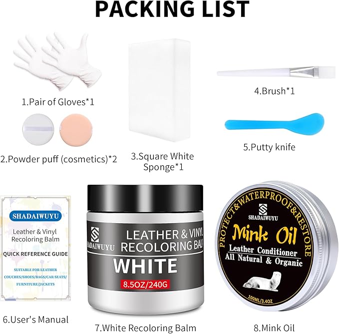 SHADAIWUYU 8.5oz Leather Recoloring Balm with 100ml Mink Oil,White Leather Repair kit for Furniture and Car Interior,Leather 