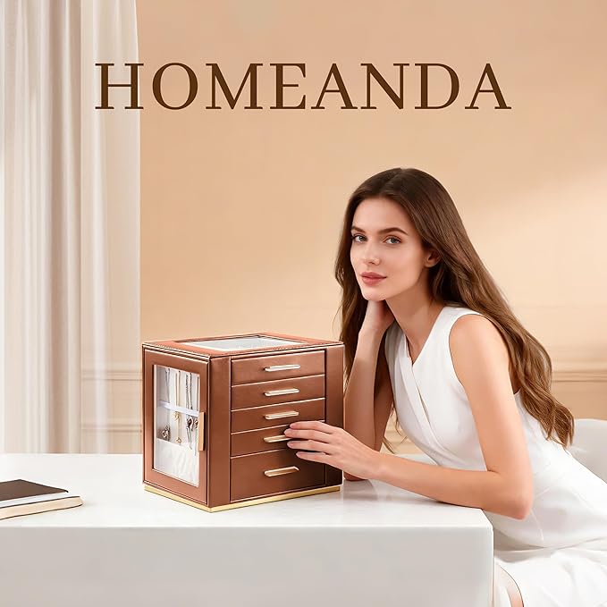 Homeanda Jewelry Box for Women with Glass Lid, 5 Drawers Jewelry Organizer and Storage for Necklaces, Rings, Earrings, Bracel