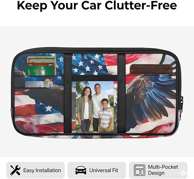 American Flag Car Sun Visor Organizer Multi-Pocket Visor Organizer Storage Pouch 11.81 x 5.9 Inch Car Sun Storage Pocket with Zipper