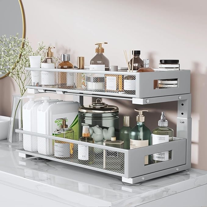 2 Packs 21IN Depth Under Sink Organizer, 2-Tier Pull Out Cabinet Organizer With Smooth Circular Rail, Large Capacity Metal Me