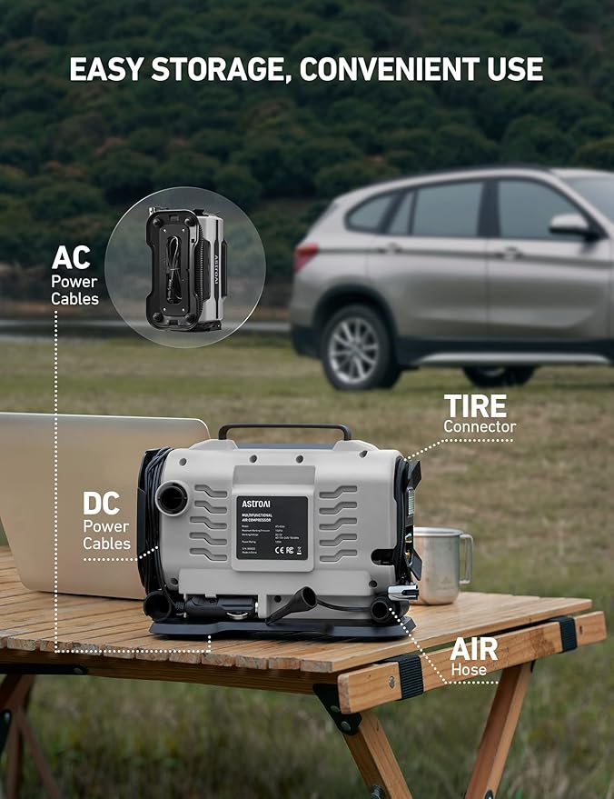 AstroAI Tire Inflator Portable Air Compressor Pump 150PSI 12V DC/110V AC with Dual Metal Motors&LED Light, Automotive Car Accessories&Two Modes for Car, Bicycle Tires and Air Mattresses, Gray