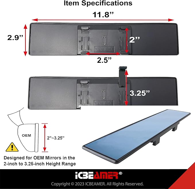11.8" ICBEAMER Clip On Rear View Mirror | Flat Blue Tint Glass, Panoramic Wide Angle HD Glass, Anti Glare, Universal Fit for Car, SUV, Truck | Eliminates Blind Spots (1 Pack)