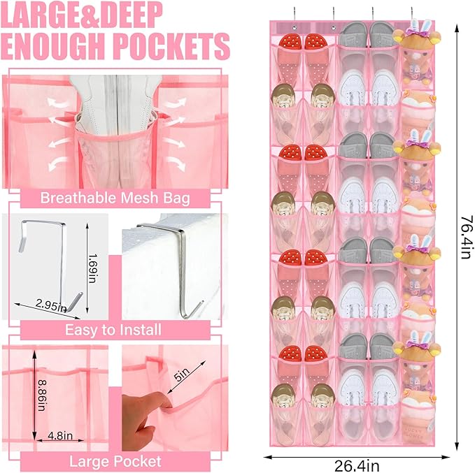 Windyun 40 Over the Door Shoe Organizer Large Breathable Mesh Pockets Pink Hanging Shoe Rack for Closet Behind Door Hanger St